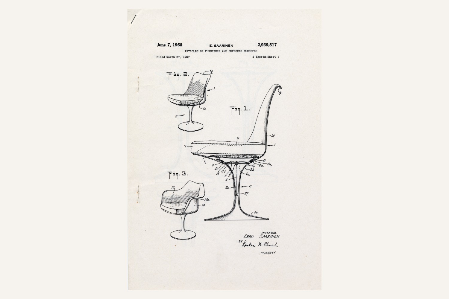 Disegno tecnico del brevetto di Eero Saarinen per la sedia Tulip con scocca e base a stelo