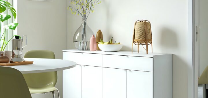 Sala da pranzo con credenza bianca a quattro ante coordinata con tavolo rotondo bianco e sedie verde salvia