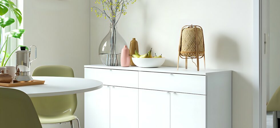 Sala da pranzo con credenza bianca a quattro ante coordinata con tavolo rotondo bianco e sedie verde salvia