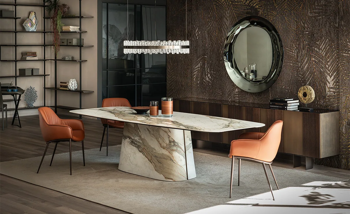 Napoleon Keramik di Cattelan Italia, con piano e base curva rivestiti in ceramica venata