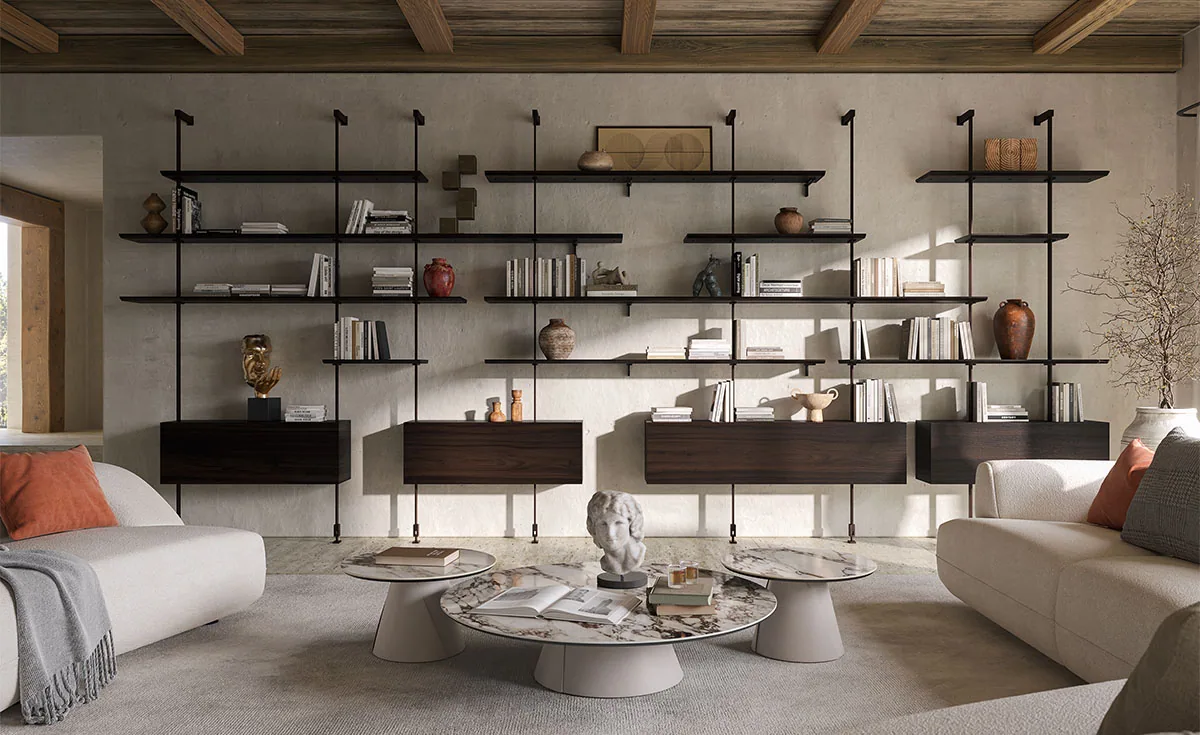 Libreria Airport di Giorgio Cattelan, con montanti verticali, ripiani aperti e contenitori
