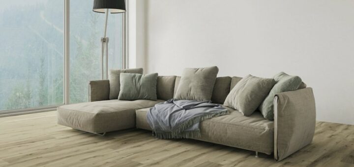 Soggiorno con pavimento effetto legno color tortora di Boxer