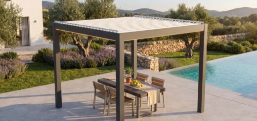 pergola bioclimatica 3x3 con struttura antracite e lamelle bianche orientabili in un giardino
