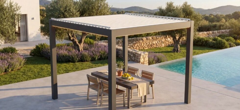 pergola bioclimatica 3x3 con struttura antracite e lamelle bianche orientabili in un giardino